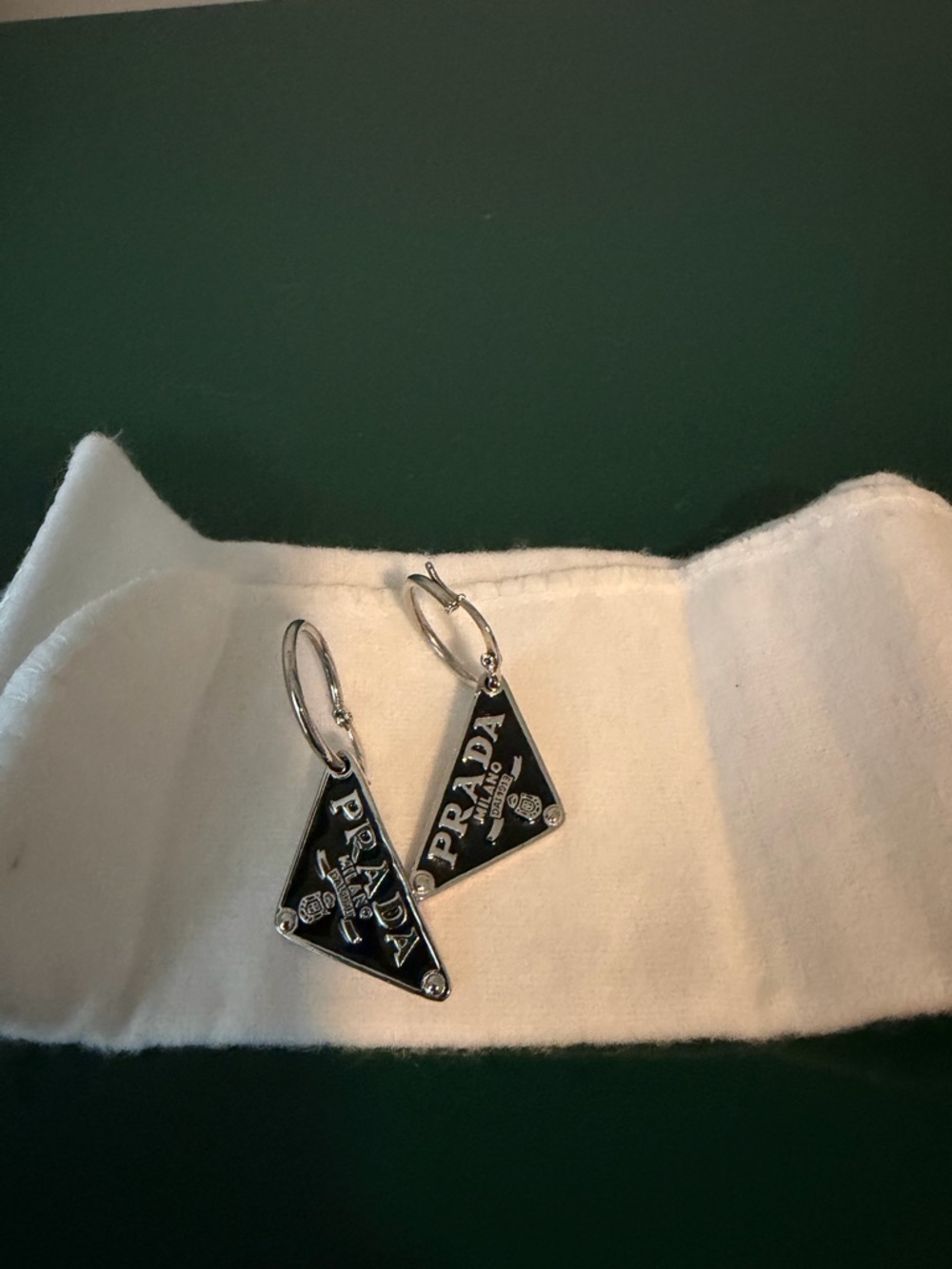 Prada Black Triangle Logo Hoop Earrings with Silver Tone - Picture 5 of 5